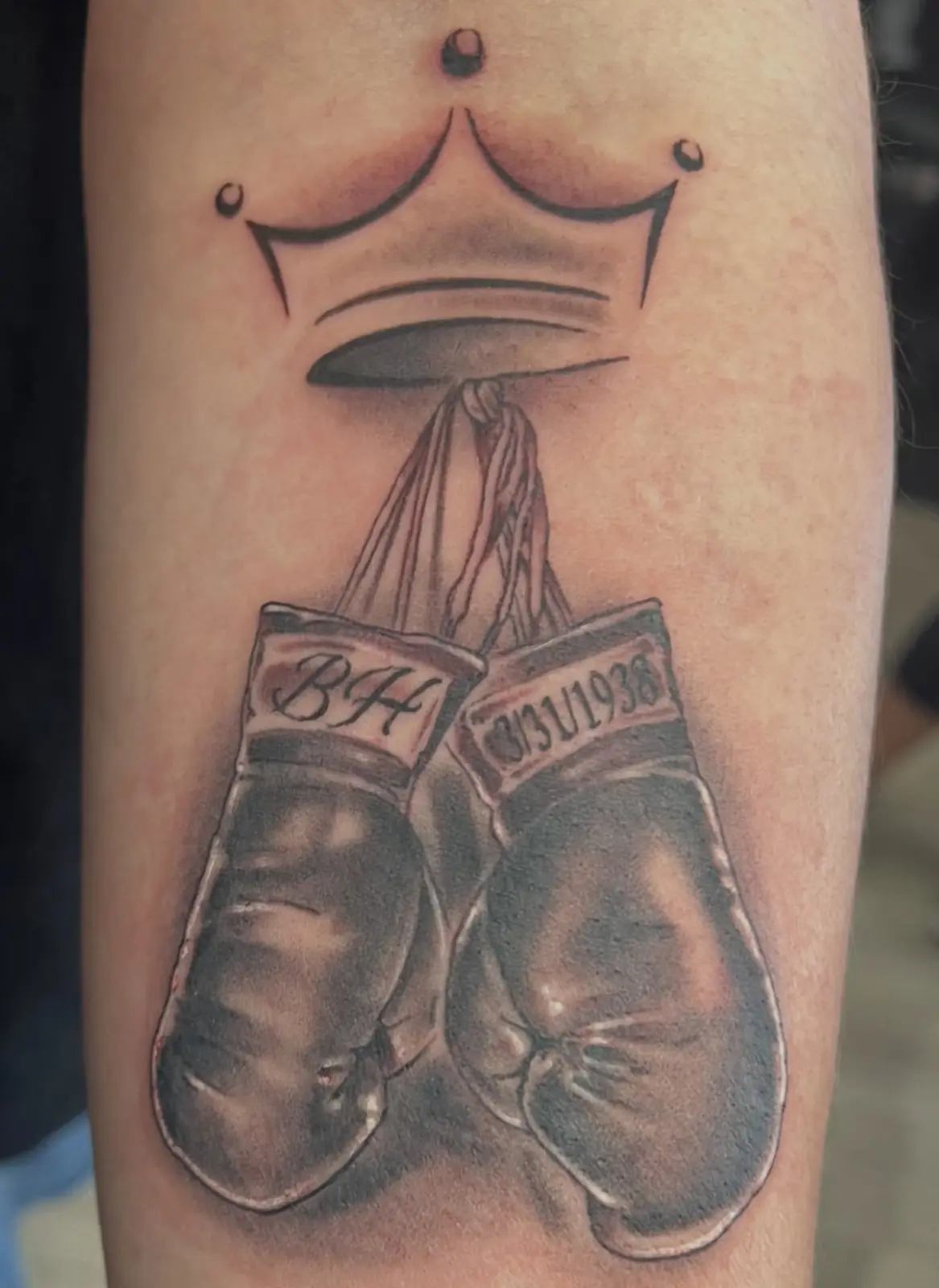 Boxing gloves tattoo with a crown and Only 4Ever script